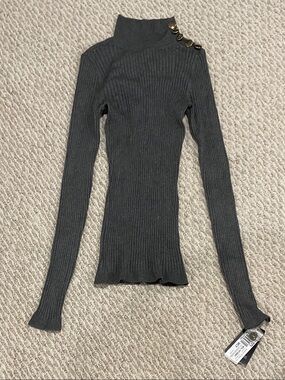 INC International Concepts Gray Ribbed Mock Neck Sweater with Gold Buttons